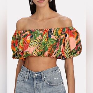 FARM RIO Macaw Leaves Off-The-Shoulder Crop Top XS